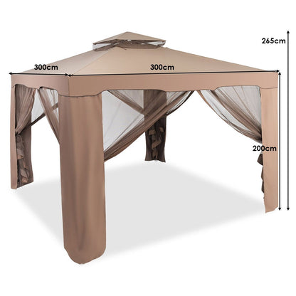 Tente De Réception Tonnelle De Jardin Imperméable Double Toits Moustiquaire Protection UV 50+ Imperméable 3X3M Pour Terrasse Jardin Brun/Beige