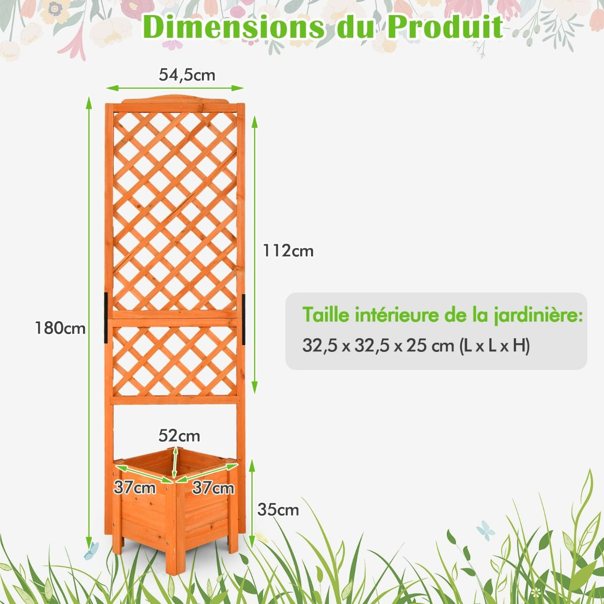 Jardinière Sur Pied Avec Treillis En Bois De Sapin 54,5X52X180Cm Bac À Fleurs Avec Trous De Drainage Pour Plantes Grimpantes