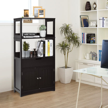 Armoire De Salle De Bain Avec 2 Portes 1 Tiroir 3 Etagères Ouvertes Capacité 70 Kg En Mdf 32,5X60X122Cm Blanc/Noir/Gris