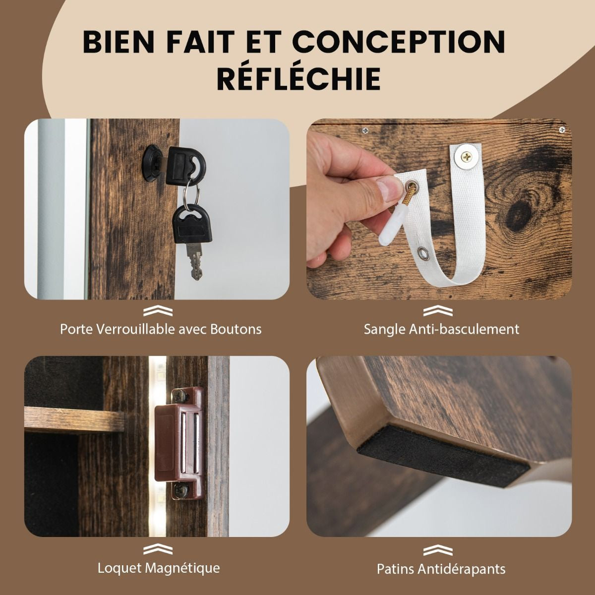 Armoire À Bijoux Sur Pied Avec Lumières LED Armoire Verrouillable Avec Miroir Pleine Longueur Éclairé Blanc/Marron Rustique/Noyer