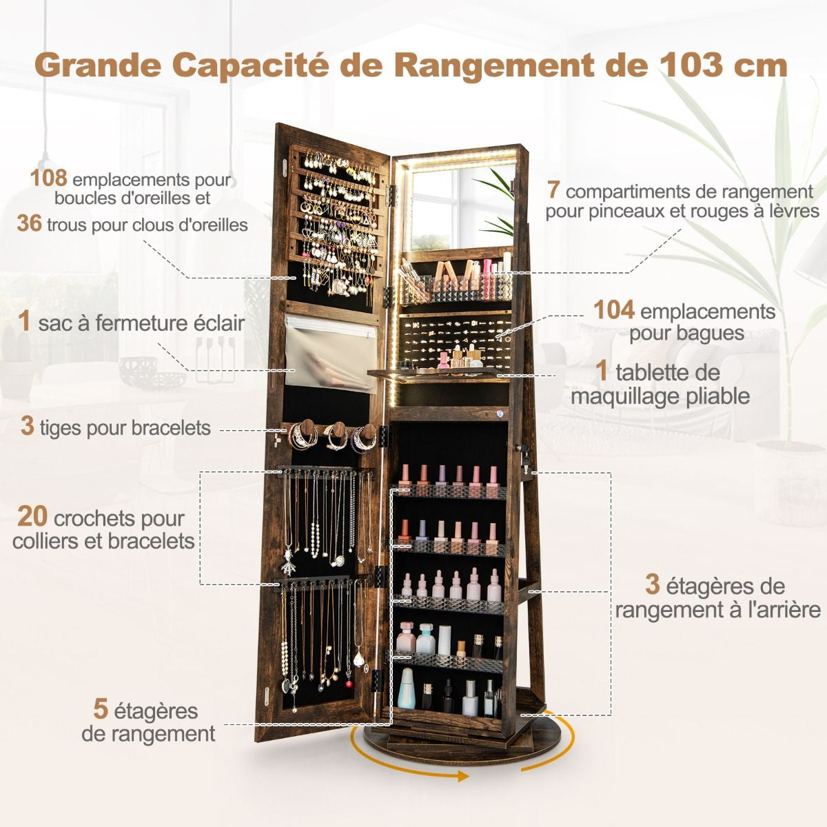 Armoire À Bijoux Avec Miroir Sur Pieds Pivotant 360° Grand Miroir Psyché Sans Cadre Avec LED Verrouillable Placard Beauté 3 Étagères Blanc/Café