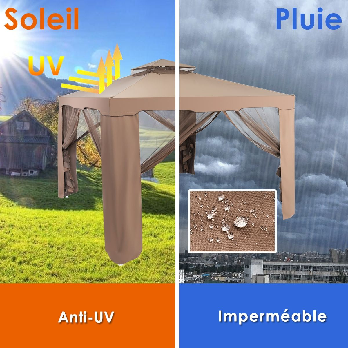 Tente De Réception Tonnelle De Jardin Imperméable Double Toits Moustiquaire Protection UV 50+ Imperméable 3X3M Pour Terrasse Jardin Brun/Beige