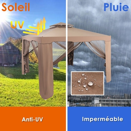 Tente De Réception Tonnelle De Jardin Imperméable Double Toits Moustiquaire Protection UV 50+ Imperméable 3X3M Pour Terrasse Jardin Brun/Beige