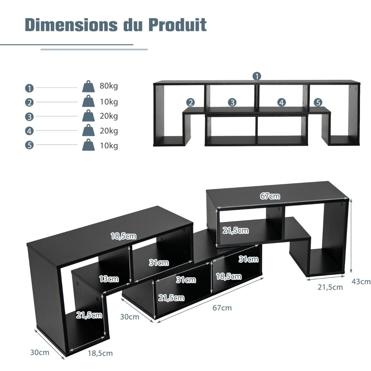 Meuble TV 3 Pièces 134-180X30X43Cm Combination Libre Pour Télévision Jusqu’À 49 Pouces Pour Salon Chambre Bureau En MDF Noir/Blanc/Café/Gris