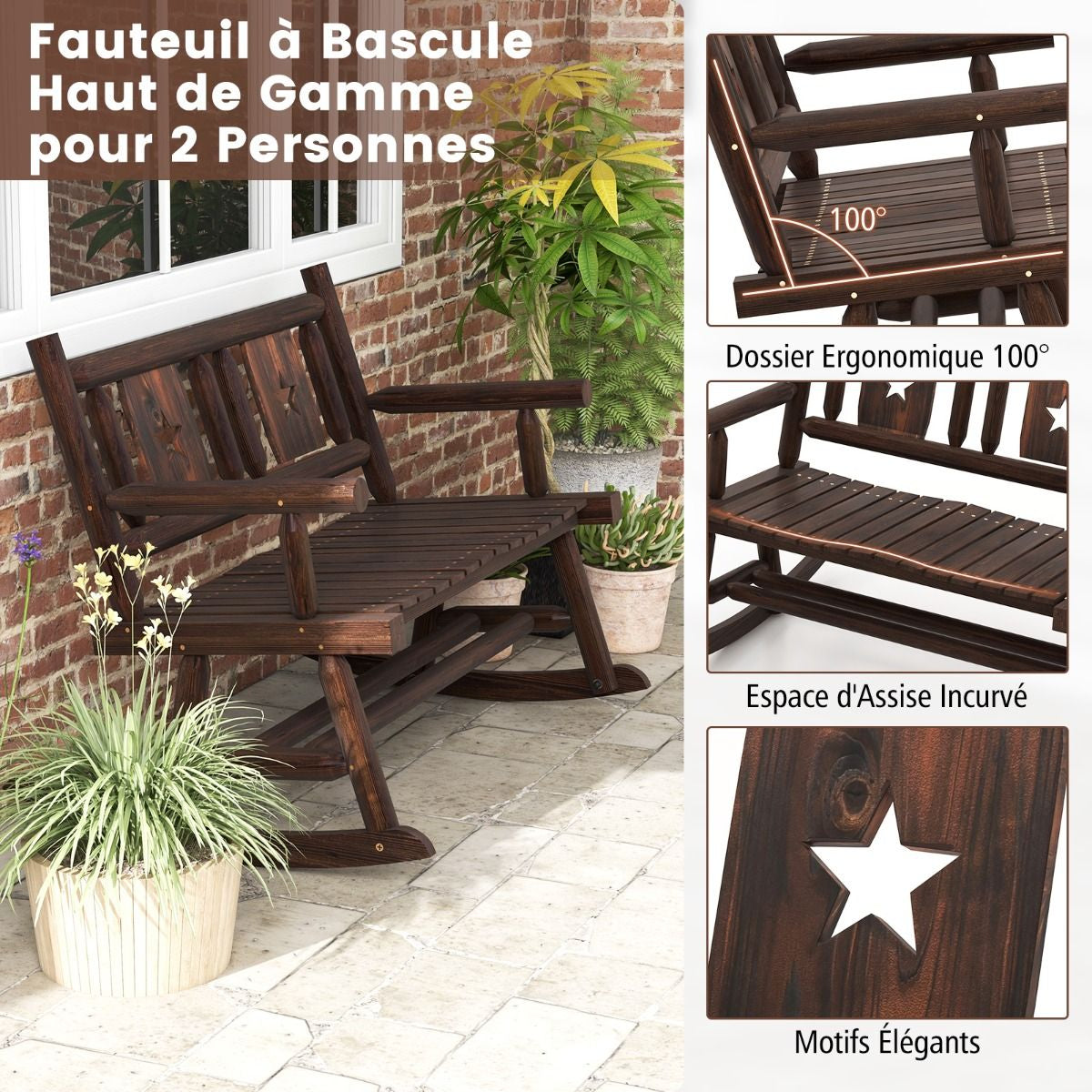 Banc À Bascule De Jardin En Bois Carbonisé 2 Personnes Siège À Lattes Dossier Ergonomique Charge 320KG Terrasse Piscine