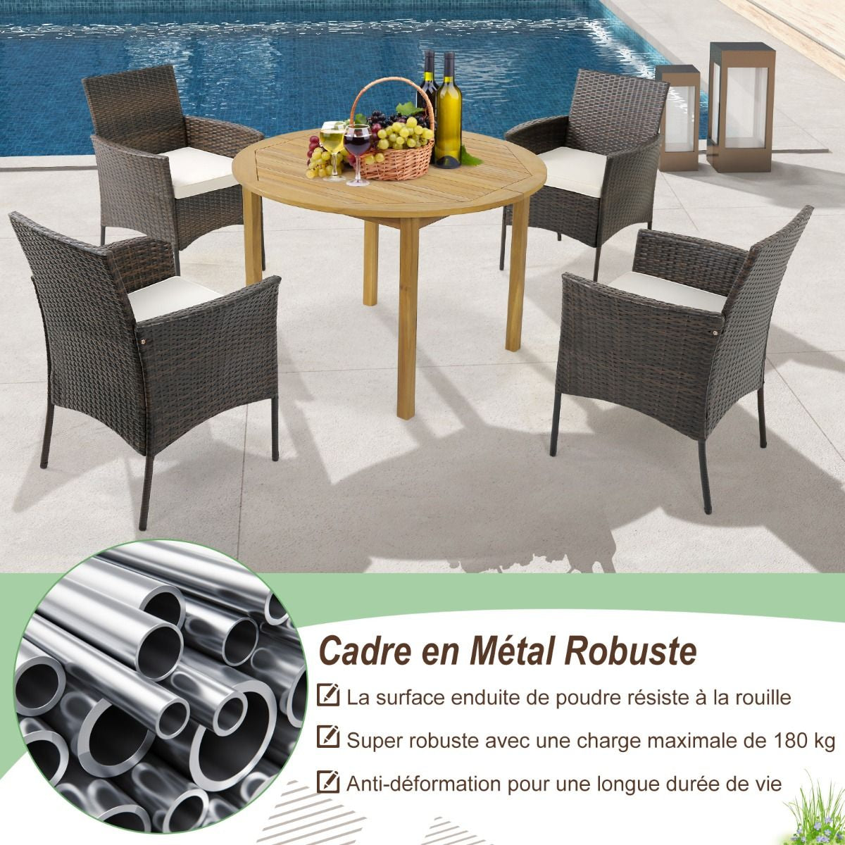 Ensemble De 4 Chaises De Jardin En Rotin Chaises En Rotin PE Avec Coussins Moelleux Cadre Métallique Robuste Accoudoirs Incurvés
