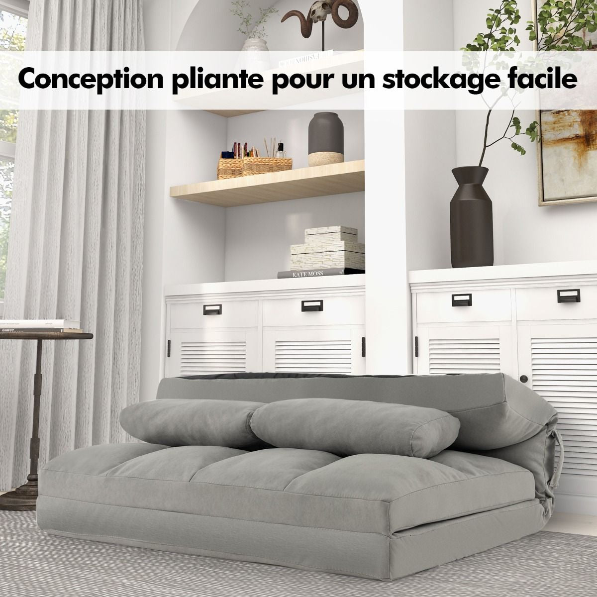 Canapé Lit Convertible En Velours Pliable Dossier Réglable À 6 Niveaux Avec 2 Coussins Gris Clair/Gris Foncé