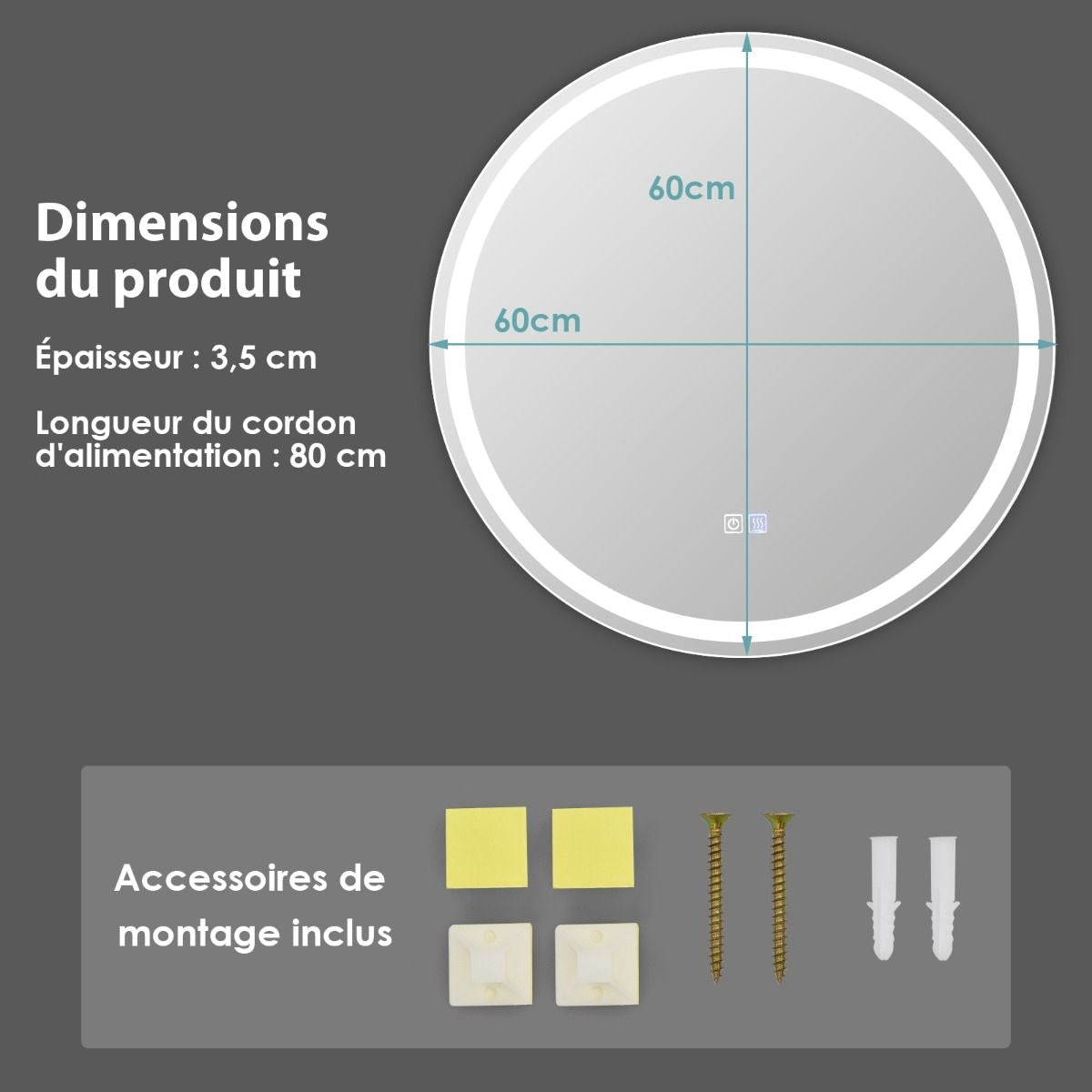Miroir De Salle De Bain LED Ø 60 Cm Avec 3 Eclairages Interrupteur Tactile Et Fonction Anti-Buée