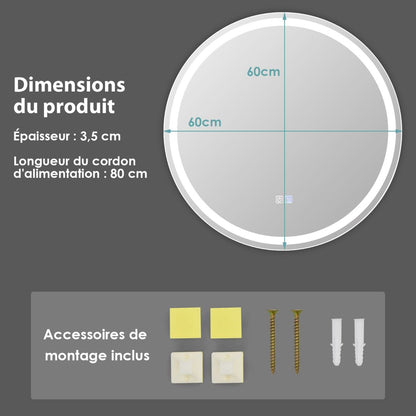 Miroir De Salle De Bain LED Ø 60 Cm Avec 3 Eclairages Interrupteur Tactile Et Fonction Anti-Buée
