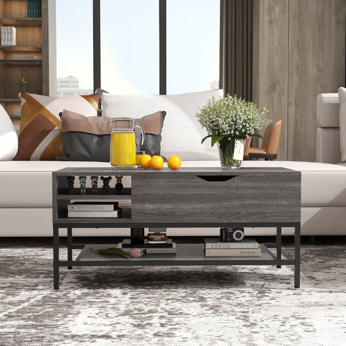 Table Basse À Plateau Relevable Table De Salon Avec Compartiment Caché Et Etagère De Rangement Amovible Table Centrale Rabattable Blanc/Gris