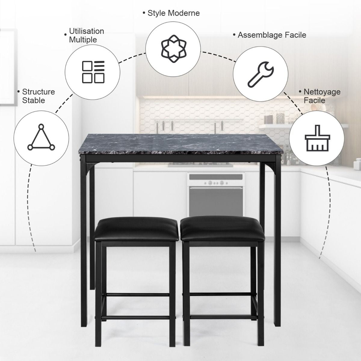 Table Haute Cuisine Avec 2 Tabourets Table Bar Cuisine Cadre En Métal Mange-Debout Industriel Pour Bistro Salle À Manger Cuisine Blanc/Café/Noir