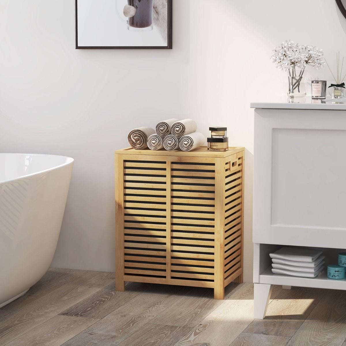 Panier À Linge 80L En Bambou Corbeille À Linge Avec Couvercle Sac À Doublure Et Poignées 50 X 35 X 62 Cm Naturel