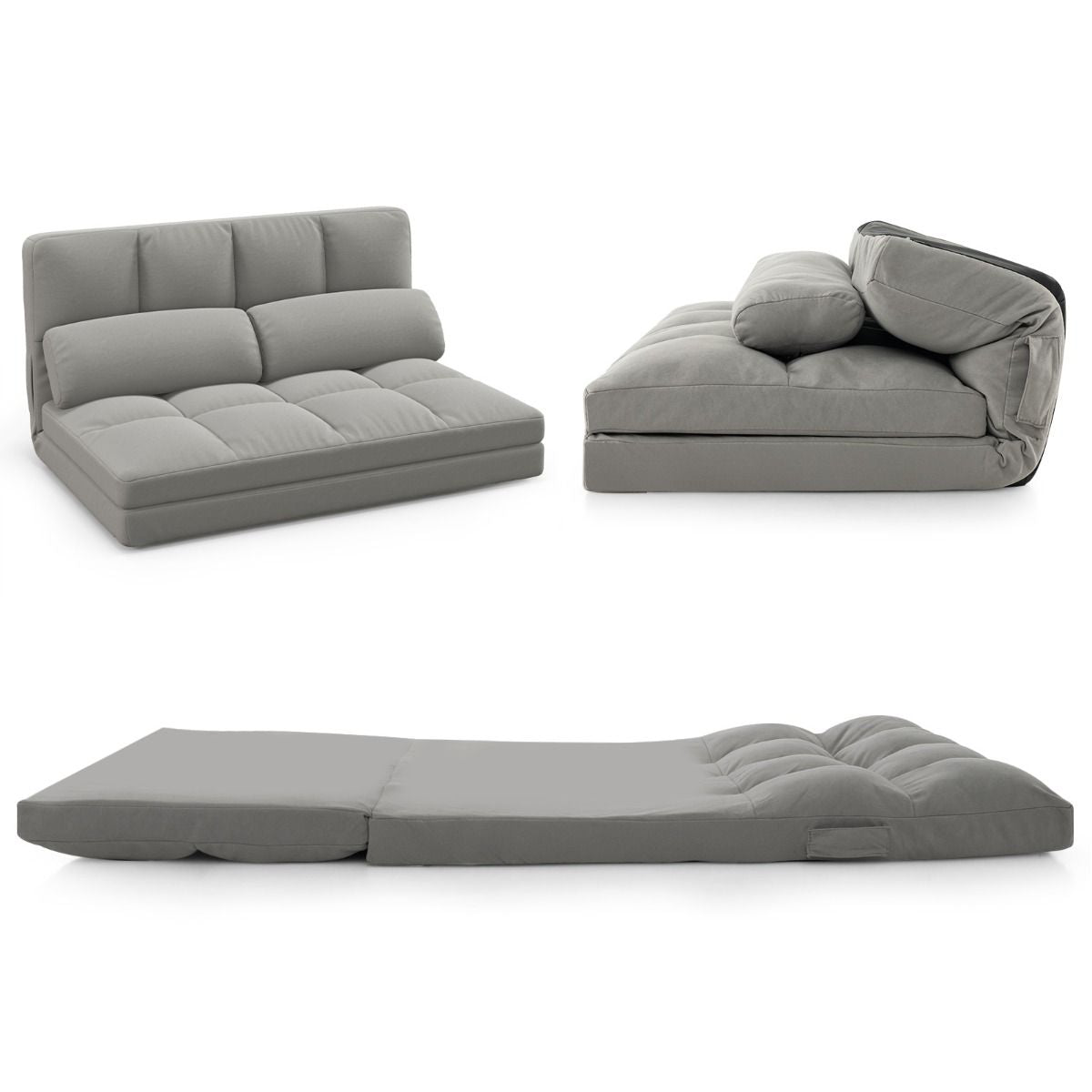Canapé Lit Convertible En Velours Pliable Dossier Réglable À 6 Niveaux Avec 2 Coussins Gris Clair/Gris Foncé