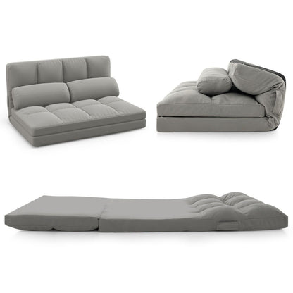 Canapé Lit Convertible En Velours Pliable Dossier Réglable À 6 Niveaux Avec 2 Coussins Gris Clair/Gris Foncé