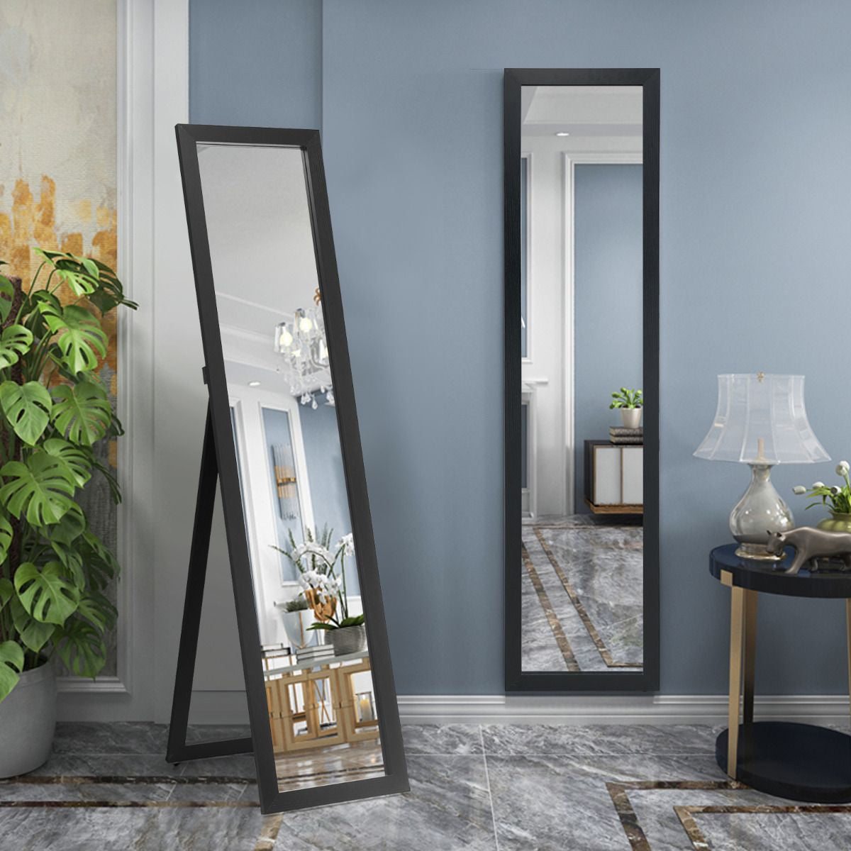 Miroir Sur Pied Psyché Miroir Autoportant Rectangulaire 155 X 37 Cm Style Scandinave Moderne Blanc/Naturel/Noir