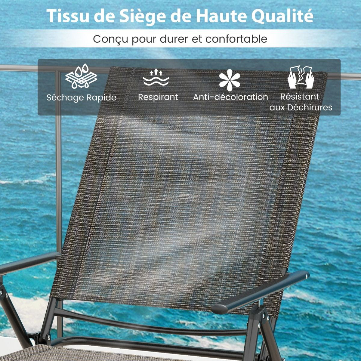 Chaises Longues Pliantes Fauteuil 2 Pièces Dossier À 6 Niveaux Tissu De Siège Respirant Cadre En Métal Solide Chaises Inclinables Réglables Gris/Noir/Café