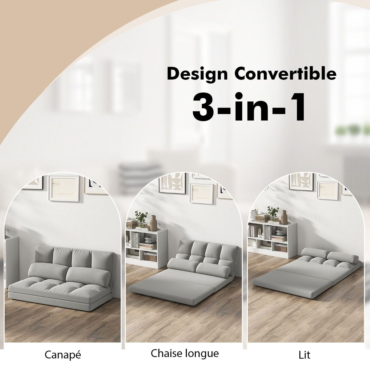 Canapé Lit Convertible En Velours Pliable Dossier Réglable À 6 Niveaux Avec 2 Coussins Gris Clair/Gris Foncé