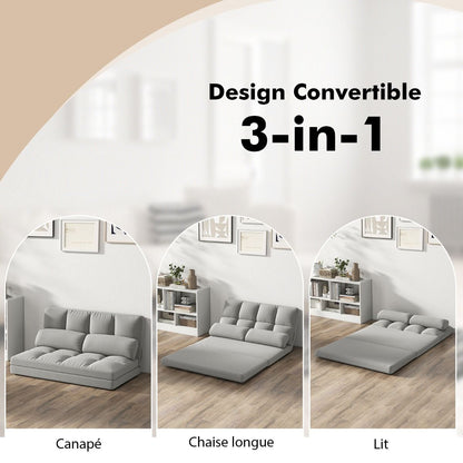 Canapé Lit Convertible En Velours Pliable Dossier Réglable À 6 Niveaux Avec 2 Coussins Gris Clair/Gris Foncé