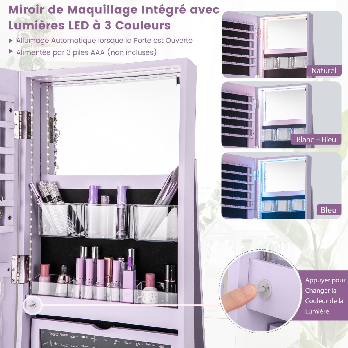 Armoire À Bijoux Pivotante À 360°Avec Lumières LED 3 Couleurs Miroir Pleine Longueur Et Étagère 3 Niveaux En Arrière 10 Couleurs Au Choix