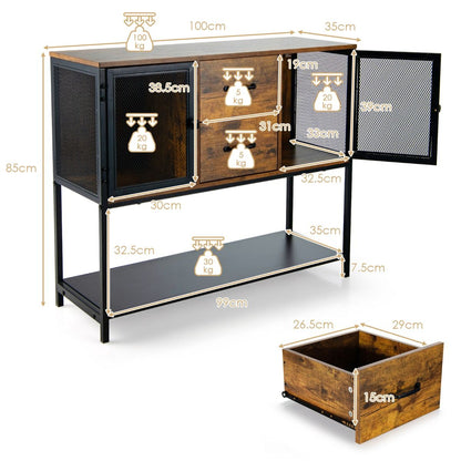 Buffet De Cuisine Avec 2 Placard 2 Tiroirs Et Étagère Inférieure Style Industriel Pour Salon Couloir Cuisine