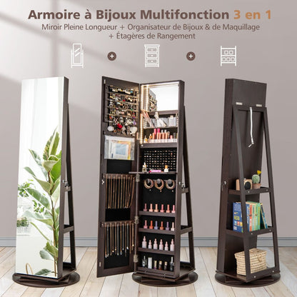 Armoire À Bijoux Pivotante À 360°Avec Lumières LED 3 Couleurs Miroir Pleine Longueur Et Étagère 3 Niveaux En Arrière 10 Couleurs Au Choix