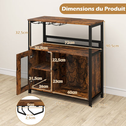 Meuble Bar Meuble À Vin Autonome Avec Casier À Vin Porte-Verres Rangement Buffet Bar Café Industriel Avec Porte En Grillage Brun Rustique