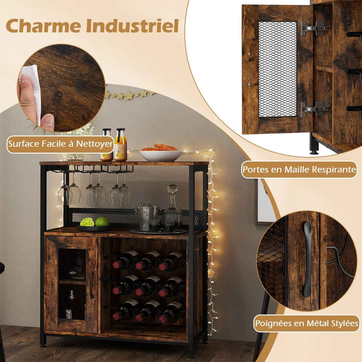 Meuble Bar Meuble À Vin Autonome Avec Casier À Vin Porte-Verres Rangement Buffet Bar Café Industriel Avec Porte En Grillage Brun Rustique