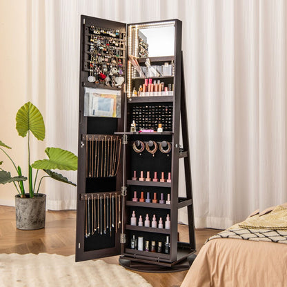 Armoire À Bijoux Pivotante À 360°Avec Lumières LED 3 Couleurs Miroir Pleine Longueur Et Étagère 3 Niveaux En Arrière 10 Couleurs Au Choix