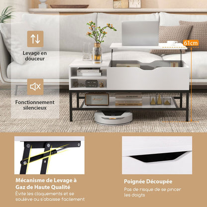 Table Basse À Plateau Relevable Table De Salon Avec Compartiment Caché Et Etagère De Rangement Amovible Table Centrale Rabattable Blanc/Gris