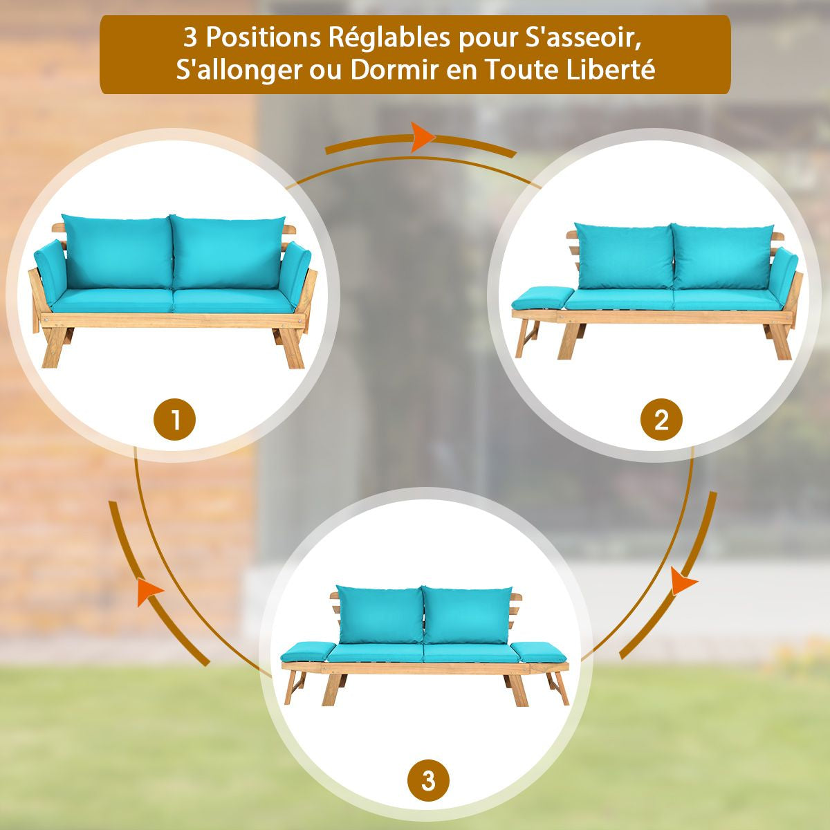Chaise Longue Convertible Avec Coussin Canapé De Jardin 2 En 1 En Bois D’Acacia Avec Accoudoir Réglable 4 Couleurs Au Choix