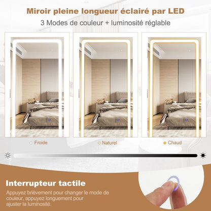 Armoire À Bijoux Avec Miroir Sur Pieds Pivotant 360° Grand Miroir Psyché Sans Cadre Avec LED Verrouillable Placard Beauté 3 Étagères Blanc/Café