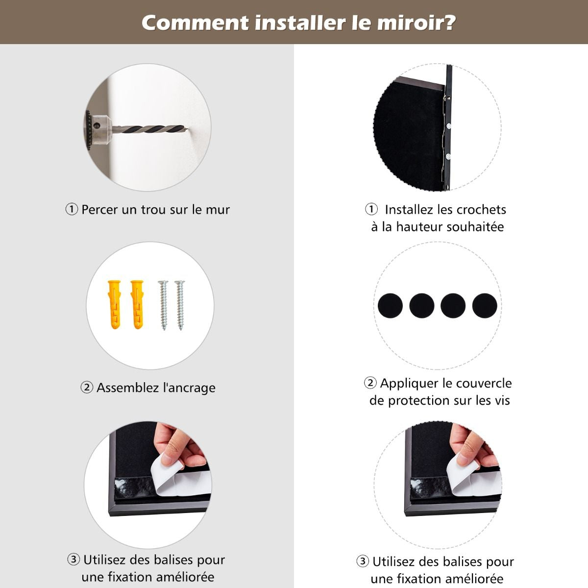 Miroir À Suspendre Sur Porte Avec Crochets De Suspension Réglables En Hauteur 36,5 X 107 CM Blanc/Café/Noir