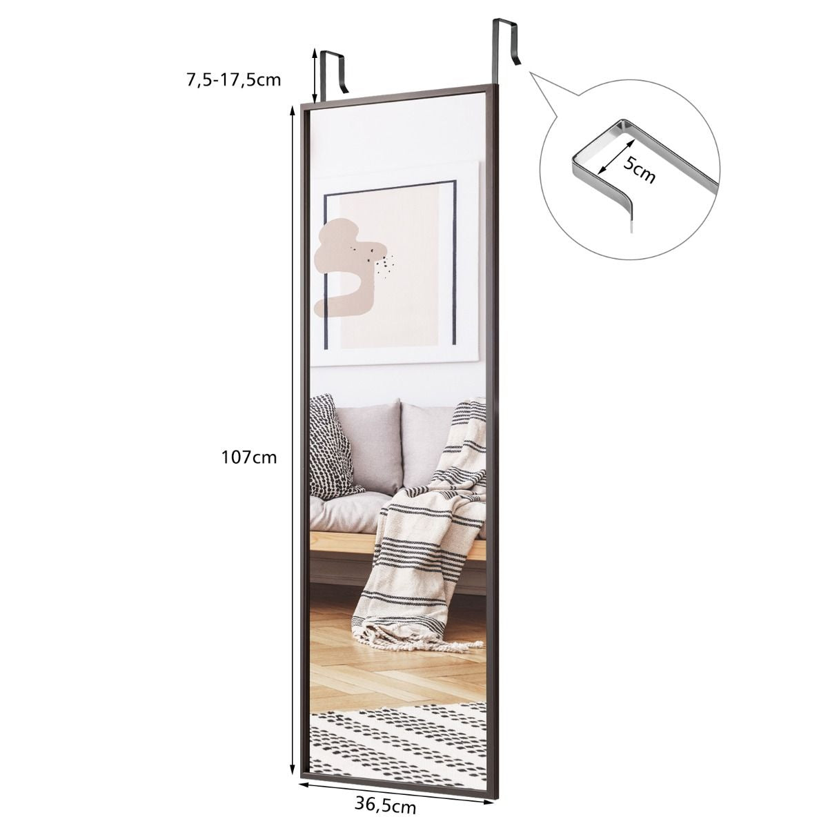 Miroir À Suspendre Sur Porte Avec Crochets De Suspension Réglables En Hauteur 36,5 X 107 CM Blanc/Café/Noir