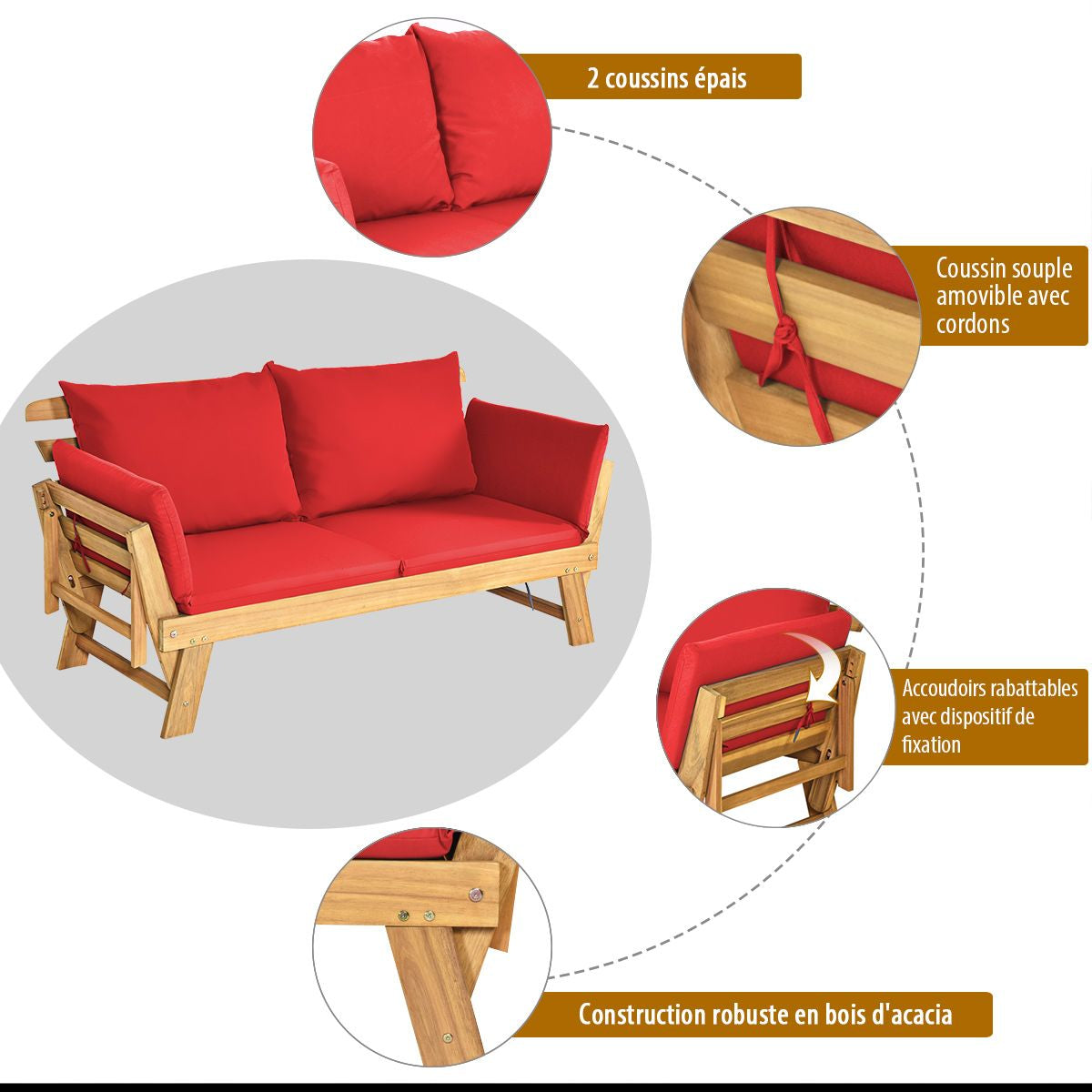 Chaise Longue Convertible Avec Coussin Canapé De Jardin 2 En 1 En Bois D’Acacia Avec Accoudoir Réglable 4 Couleurs Au Choix
