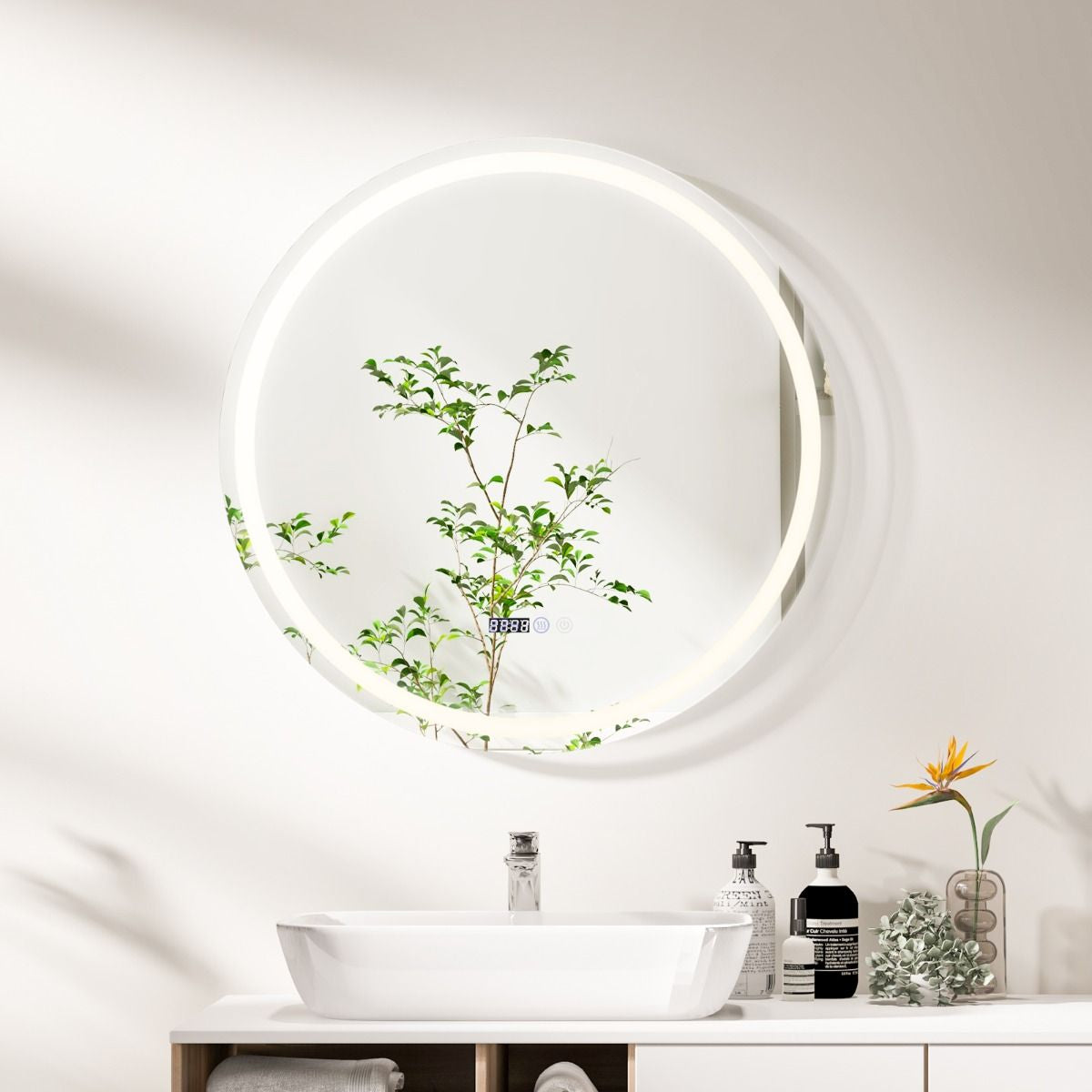 Miroir Mural Rond À LED Et Fonction Anti-Buée Miroir De Courtoisie Étanche Avec 3 Couleurs 58 Lumières Écran Tactile Miroir De Maquillage Argent