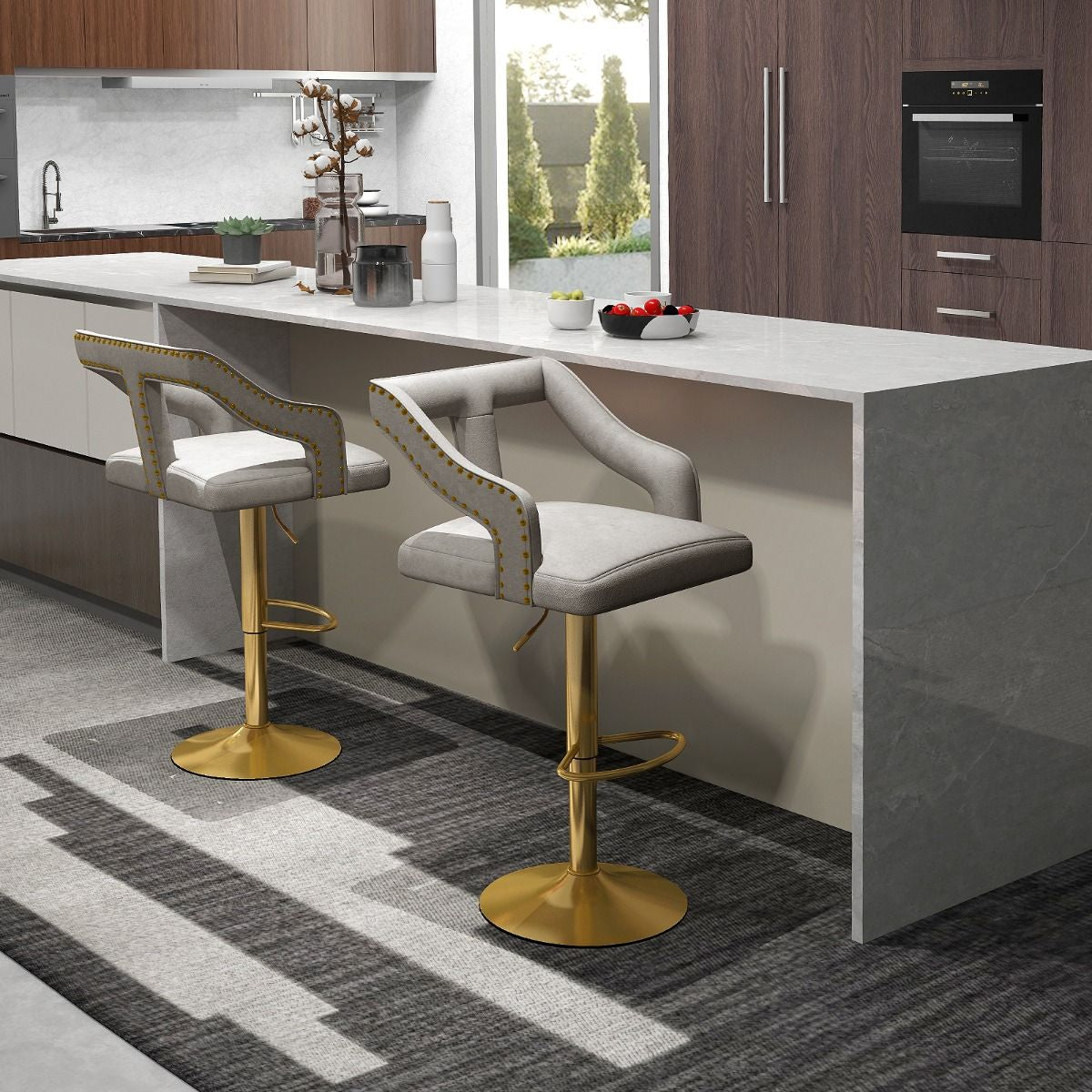 Lot De 2 Chaises De Bar Pivotantes Et Réglables Repose-Pied Base En Métal Galvanisé Anneau Antidérapant Gris/Rose