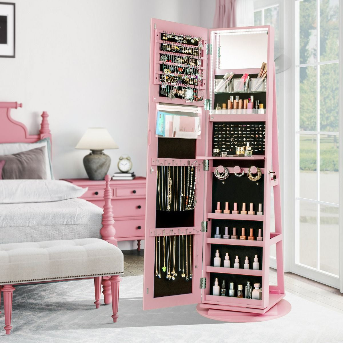 Armoire À Bijoux Pivotante À 360°Avec Lumières LED 3 Couleurs Miroir Pleine Longueur Et Étagère 3 Niveaux En Arrière 10 Couleurs Au Choix