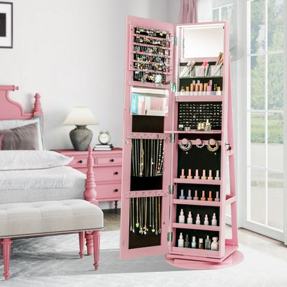 Armoire À Bijoux Pivotante À 360°Avec Lumières LED 3 Couleurs Miroir Pleine Longueur Et Étagère 3 Niveaux En Arrière 10 Couleurs Au Choix