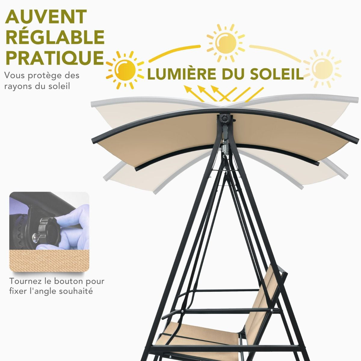 Balançoire De Porche Avec Auvent Réglable Balancelle Extérieure Pour 2 Personnes Cadre Et Auvent En Métal Crochet À Ressort Robuste Beige