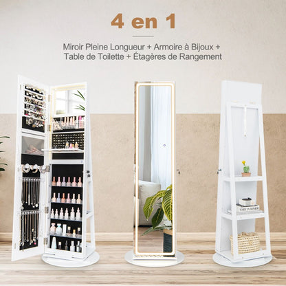 Armoire À Bijoux Avec Miroir Sur Pieds Pivotant 360° Grand Miroir Psyché Sans Cadre Avec LED Verrouillable Placard Beauté 3 Étagères Blanc/Café