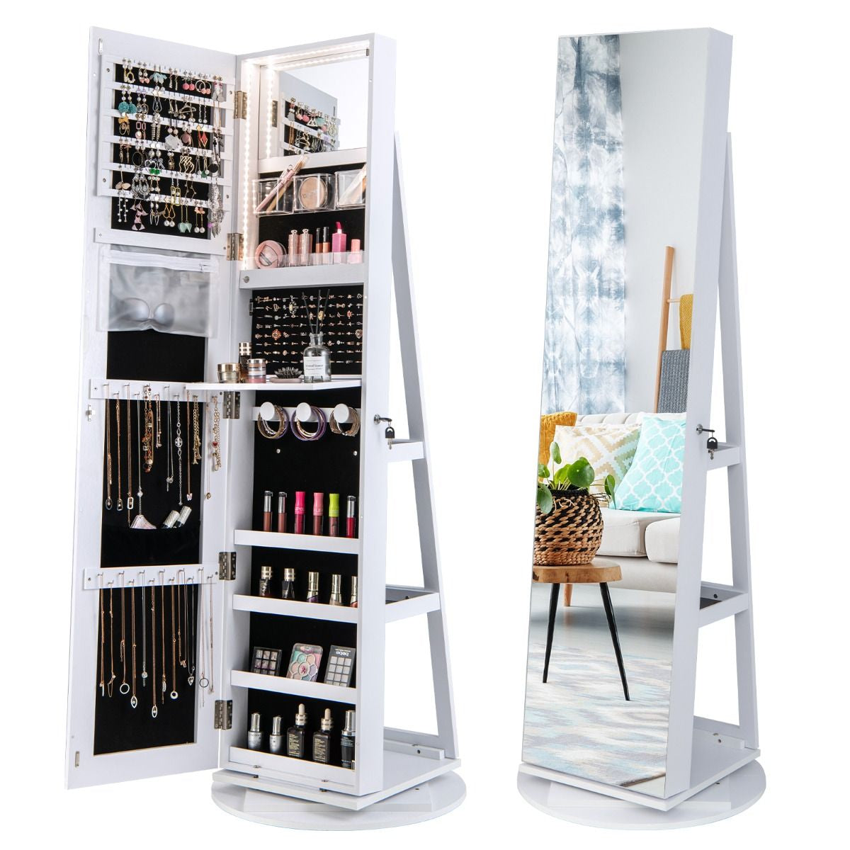 Armoire À Bijoux Pivotante À 360°Avec Lumières LED 3 Couleurs Miroir Pleine Longueur Et Étagère 3 Niveaux En Arrière 10 Couleurs Au Choix