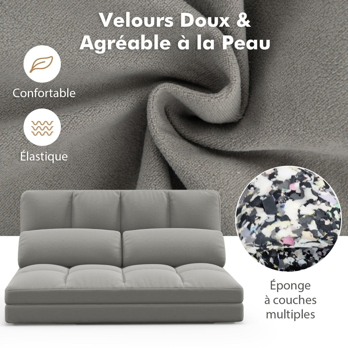 Canapé Lit Convertible En Velours Pliable Dossier Réglable À 6 Niveaux Avec 2 Coussins Gris Clair/Gris Foncé