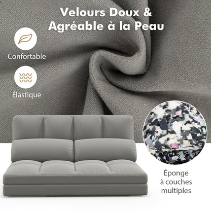 Canapé Lit Convertible En Velours Pliable Dossier Réglable À 6 Niveaux Avec 2 Coussins Gris Clair/Gris Foncé