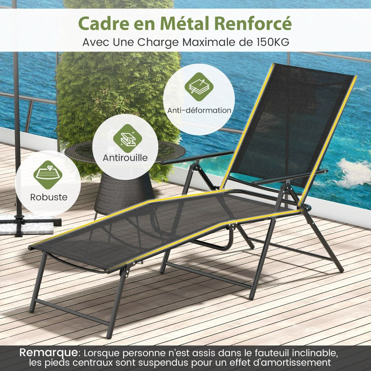 Chaises Longues Pliantes Fauteuil 2 Pièces Dossier À 6 Niveaux Tissu De Siège Respirant Cadre En Métal Solide Chaises Inclinables Réglables Gris/Noir/Café