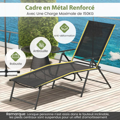 Chaises Longues Pliantes Fauteuil 2 Pièces Dossier À 6 Niveaux Tissu De Siège Respirant Cadre En Métal Solide Chaises Inclinables Réglables Gris/Noir/Café