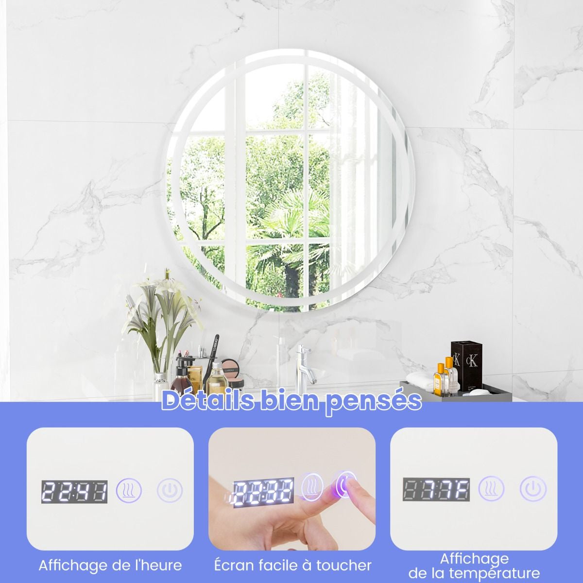 Miroir Mural Rond À LED Et Fonction Anti-Buée Miroir De Courtoisie Étanche Avec 3 Couleurs 58 Lumières Écran Tactile Miroir De Maquillage Argent