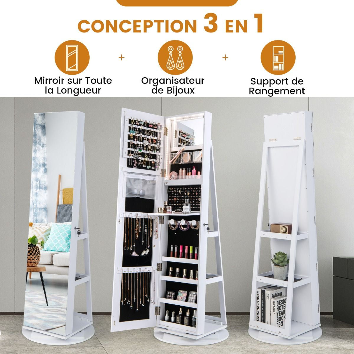 Armoire À Bijoux Pivotante À 360°Avec Lumières LED 3 Couleurs Miroir Pleine Longueur Et Étagère 3 Niveaux En Arrière 10 Couleurs Au Choix