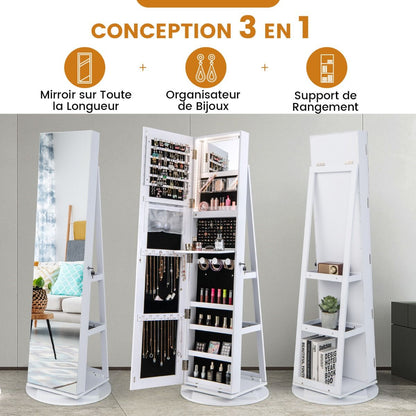 Armoire À Bijoux Pivotante À 360°Avec Lumières LED 3 Couleurs Miroir Pleine Longueur Et Étagère 3 Niveaux En Arrière 10 Couleurs Au Choix