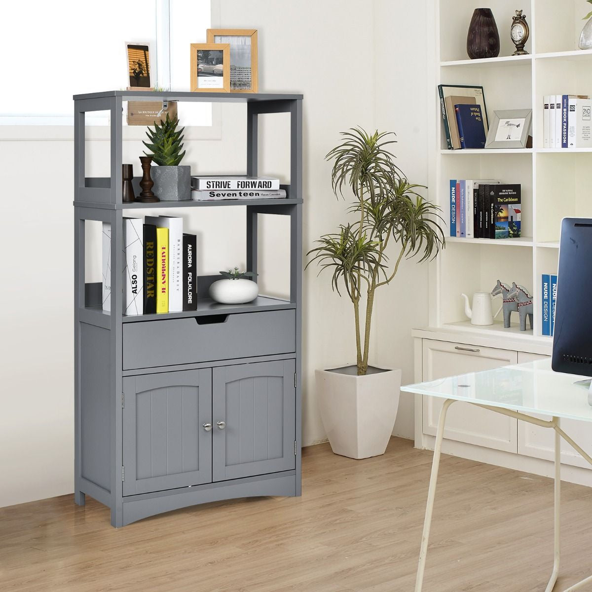 Armoire De Salle De Bain Avec 2 Portes 1 Tiroir 3 Etagères Ouvertes Capacité 70 Kg En Mdf 32,5X60X122Cm Blanc/Noir/Gris