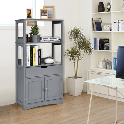 Armoire De Salle De Bain Avec 2 Portes 1 Tiroir 3 Etagères Ouvertes Capacité 70 Kg En Mdf 32,5X60X122Cm Blanc/Noir/Gris